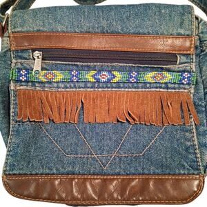 Vtg Y2k Denim Leather Fringed Beaded Women's Purse Shoulder Bag Adjustable Strap